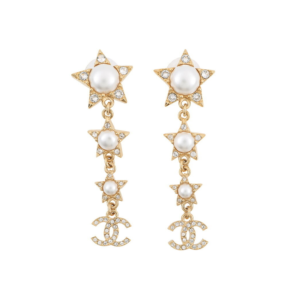 Chanel earrings, Coco Mark star motif long faux pearl rhinestone F24C CHANEL ...